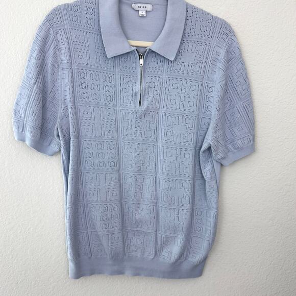 Reiss Mens Mosaic Textured Quarter Zip Polo Sweater Size L 100% Cotton Baby Blue - Picture 1 of 7